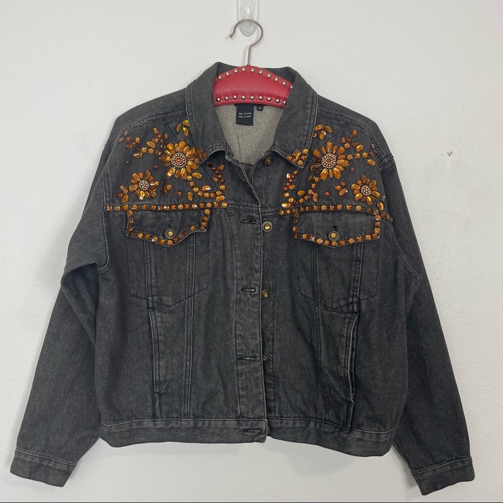 Carol Little Sport Petites Rhinestone Denim Jacket | Black | Size 12